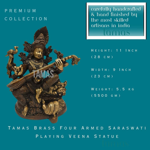 Tamas Brass Four Armed Saraswati Playing Veena Statue/Idol
