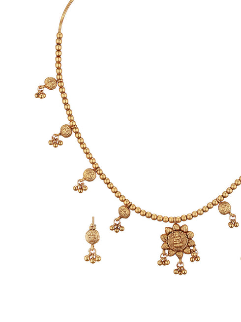 Gold Plated Gold Beads Delicate Temple Goddess Lakshmi Pendant Minimal Jewellery Set