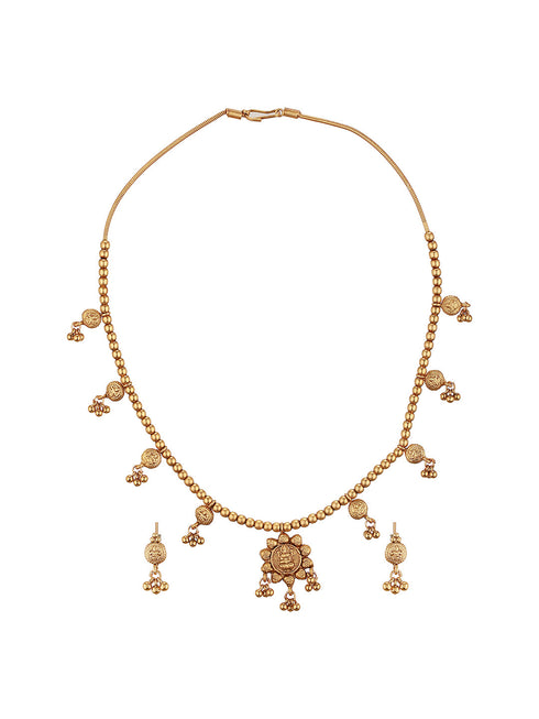 Gold Plated Gold Beads Delicate Temple Goddess Lakshmi Pendant Minimal Jewellery Set