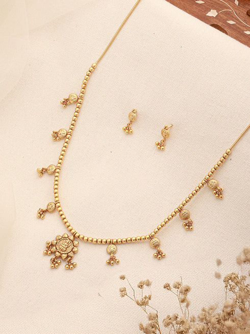 Gold Plated Gold Beads Delicate Temple Goddess Lakshmi Pendant Minimal Jewellery Set