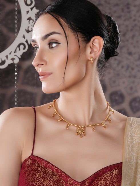 Gold Plated Gold Beads Delicate Temple Goddess Lakshmi Pendant Minimal Jewellery Set