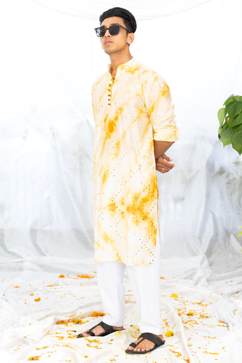 Kzari Yellow Mirror Work Checks Tie & Dye Kurta