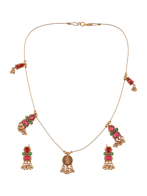 Gold Plated Enamelled Invisible Chain Delicate Temple Goddess Lakshmi Pendant Minimal Jewellery Set