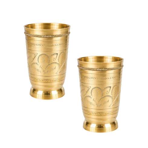 Pure Brass Embossed Design Tumbler Glass | Pack of 2