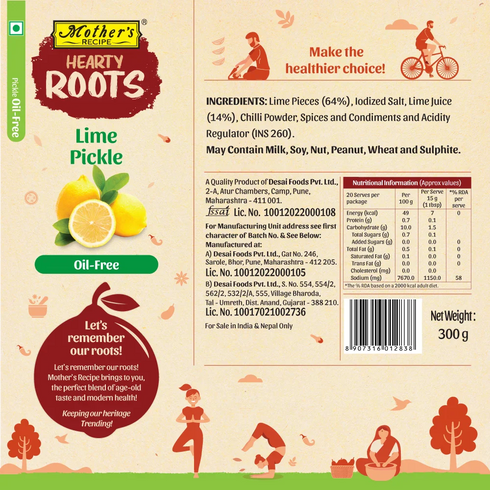 Mothers Recipe Hearty Roots Lime Pickle Oil free