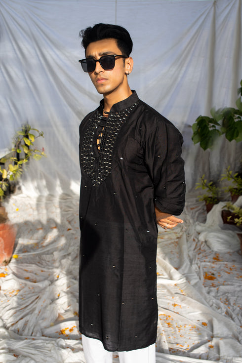 Kzari Handcrafted Black Silk Kurta with Yoke Mirror Work
