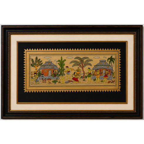 Palm Leaf Handmade Painting of Tribal Warli Village Life
