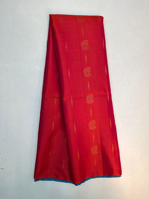 Prakruthi Mughizh Pinkish Red with Blue Bhutta Handloom Soft Silk Saree