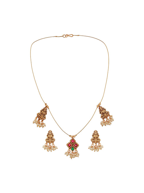 Gold Plated Pearl Beaded Invisible Chain Temple Goddess Lakshmi Motif Pendant Jewellery Set
