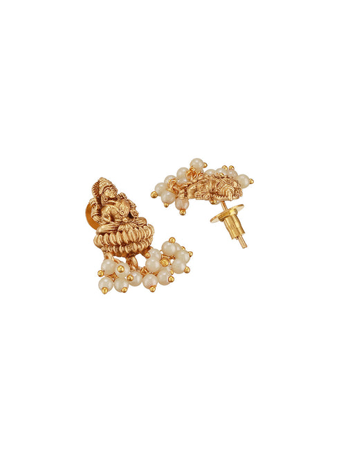 Gold Plated Pearl Beaded Invisible Chain Temple Goddess Lakshmi Motif Pendant Jewellery Set