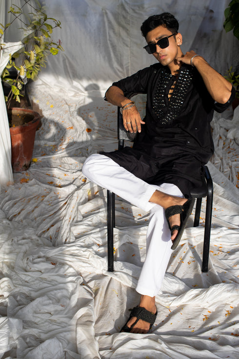 Kzari Handcrafted Black Silk Kurta with Yoke Mirror Work