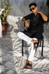 Kzari Handcrafted Black Silk Kurta with Yoke Mirror Work