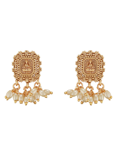 Gold Plated Pearl Beaded Invisible Chain Temple Lakshmi Motif Pendant Jewellery Set