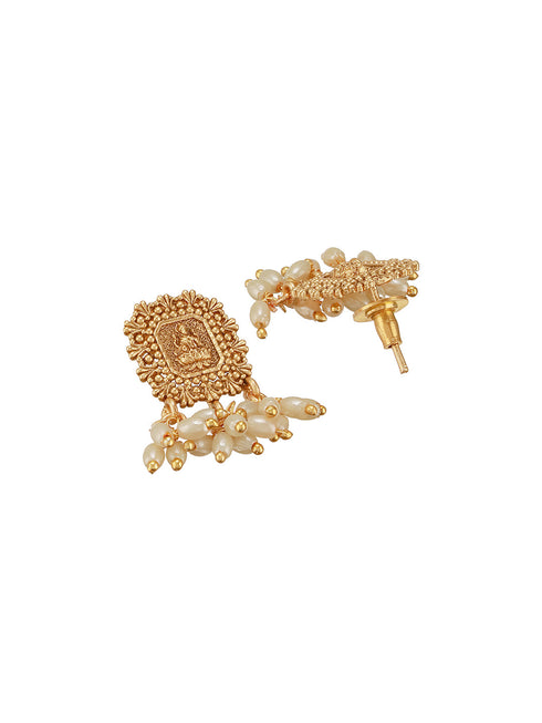 Gold Plated Pearl Beaded Invisible Chain Temple Lakshmi Motif Pendant Jewellery Set