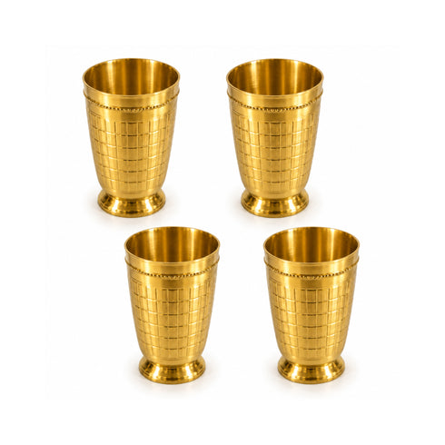 Pure Brass Embossed Design Tumbler Glass | Pack of 4