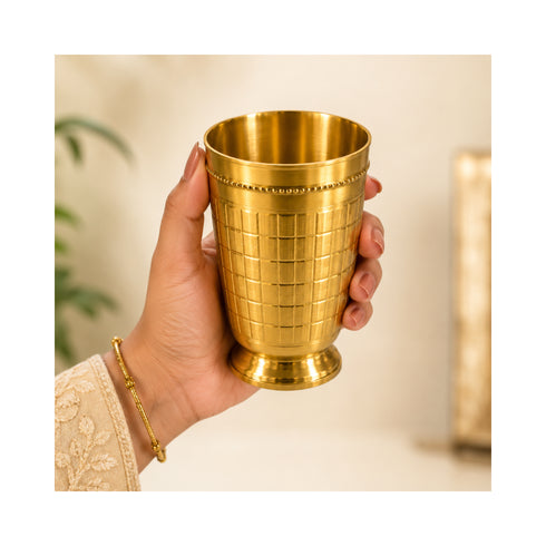 Pure Brass Embossed Design Tumbler Glass | Pack of 4