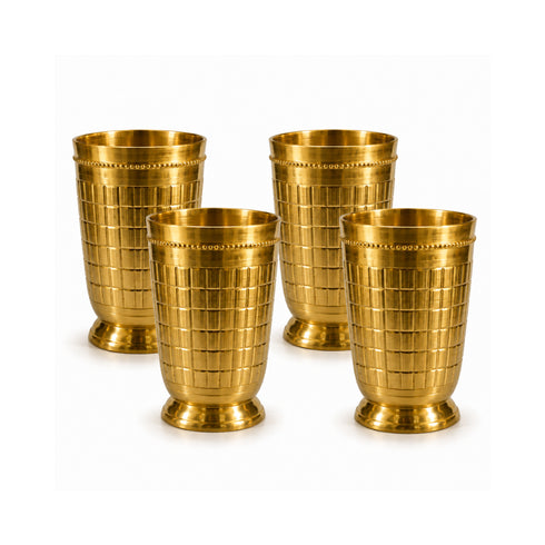 Pure Brass Embossed Design Tumbler Glass | Pack of 4
