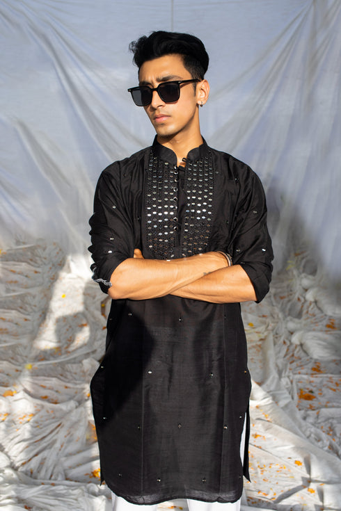 Kzari Handcrafted Black Silk Kurta with Yoke Mirror Work