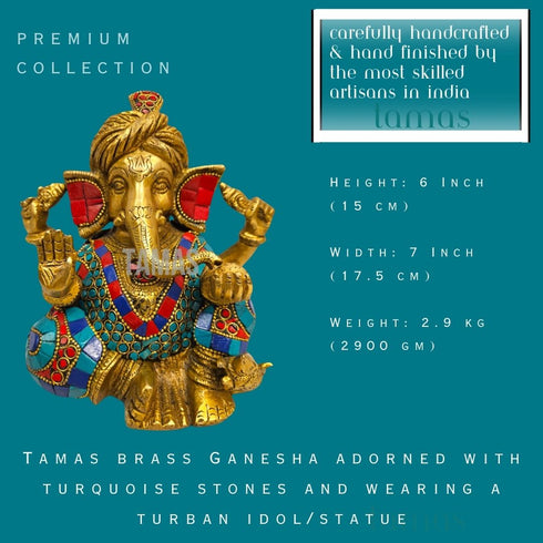 Tamas brass Ganesha adorned with turquoise stones and wearing a turban idol/statue