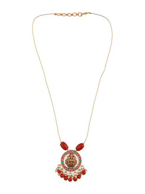 Gold Plated Coral Beaded Temple Lakshmiji Minimal Invisible Necklace & Chain