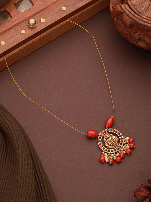 Gold Plated Coral Beaded Temple Lakshmiji Minimal Invisible Necklace & Chain