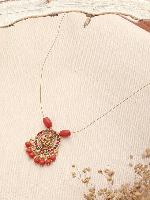 Gold Plated Coral Beaded Temple Lakshmiji Minimal Invisible Necklace & Chain