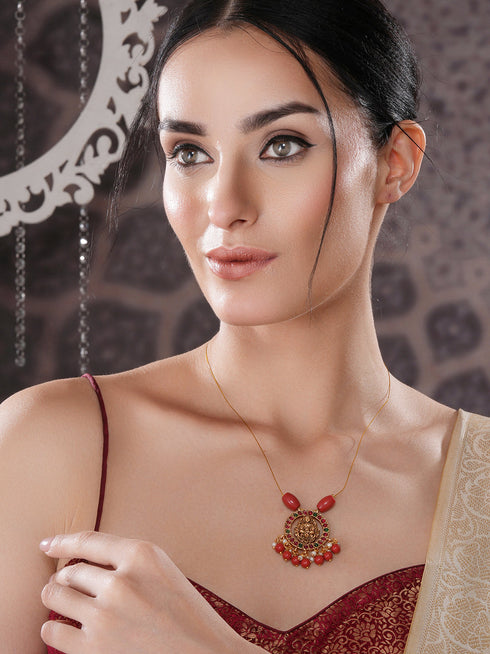 Gold Plated Coral Beaded Temple Lakshmiji Minimal Invisible Necklace & Chain