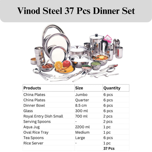 Vinod 37 Pieces Stainless Steel Dinner Set Heavy Gauge Rust free Tough and Strong Durable Dishwasher safe and ISI certified