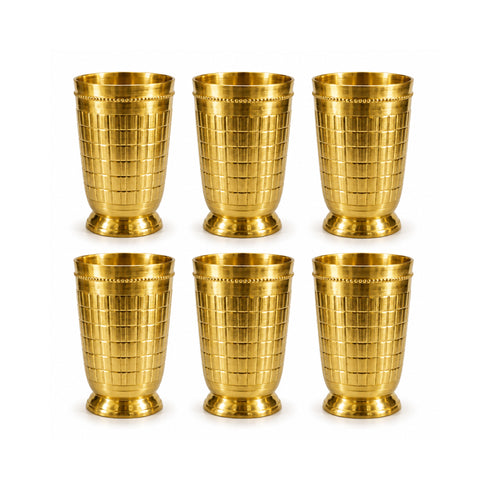 Pure Brass Embossed Design Tumbler Glass | Pack of 6