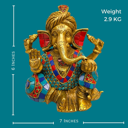 Tamas brass Ganesha adorned with turquoise stones and wearing a turban idol/statue