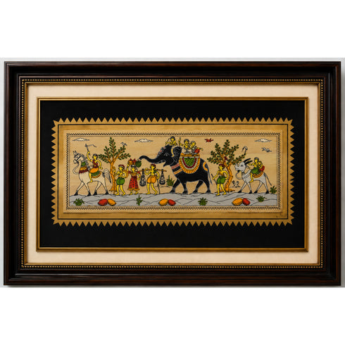 Palm Leaf Handmade Painting of Royal Elephant Ride with Villagers