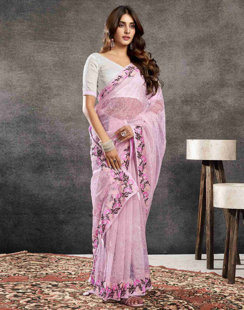 Sudathi Light Pink Embroidery Net Saree
