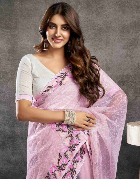 Sudathi Light Pink Embroidery Net Saree