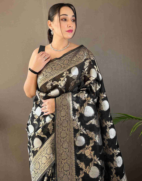 Sudathi Black Woven Banarasi Silk Saree