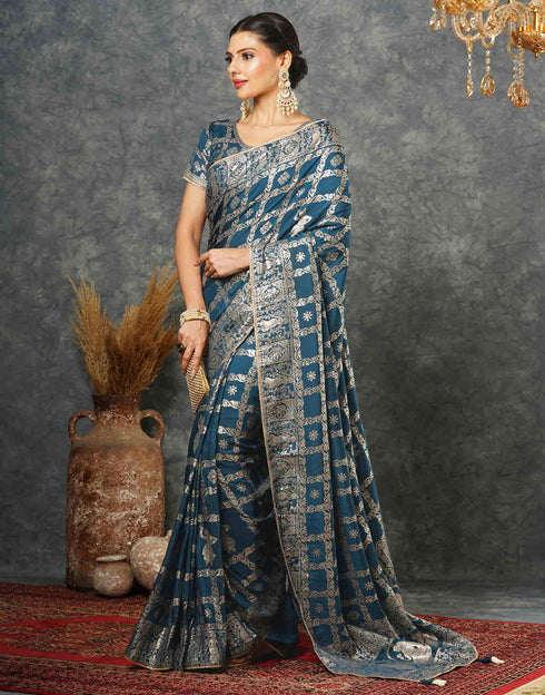 Sudathi Rama Blue Woven Banarasi Cotton Saree