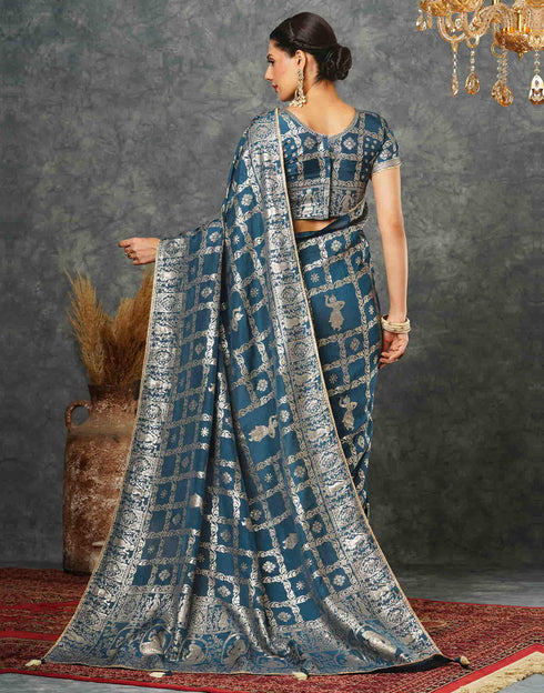 Sudathi Rama Blue Woven Banarasi Cotton Saree