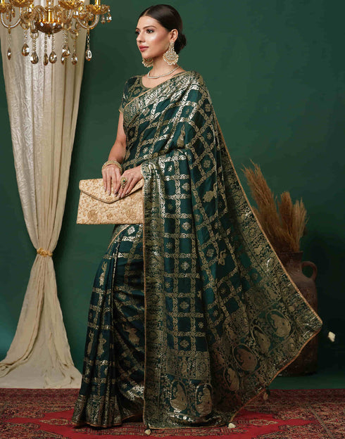 Sudathi Dark Green Woven Banarasi Cotton Saree