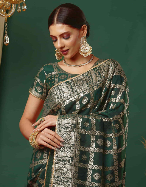 Sudathi Dark Green Woven Banarasi Cotton Saree