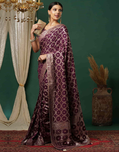 Sudathi Wine Woven Banarasi Cotton Saree