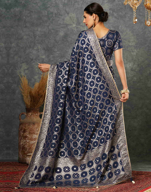 Sudathi Navy Blue Woven Banarasi Cotton Saree