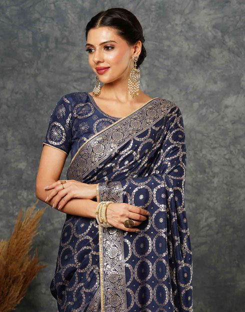 Sudathi Navy Blue Woven Banarasi Cotton Saree