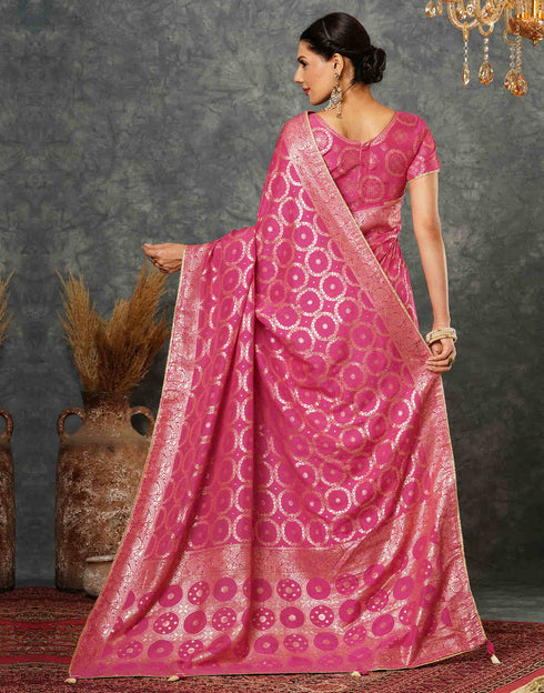 Sudathi Bright Pink Woven Banarasi Cotton Saree