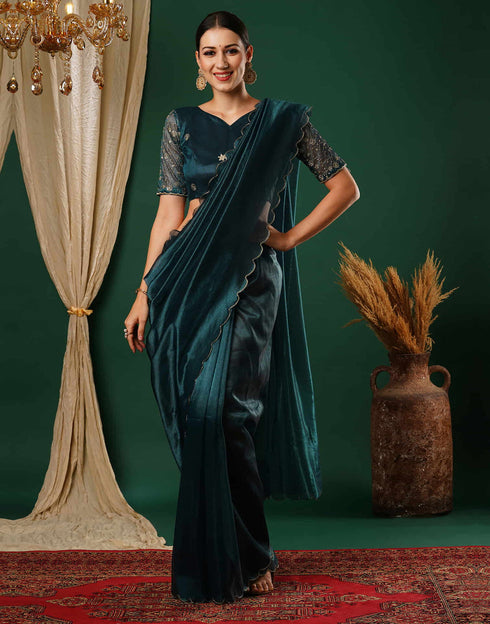 Sudathi Rama Blue Embroidery Plain Net Saree