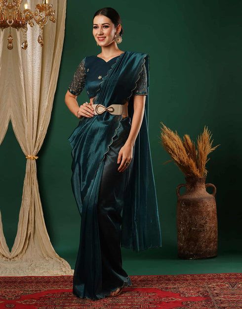 Sudathi Rama Blue Embroidery Plain Net Saree