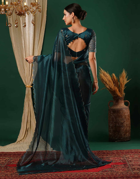 Sudathi Rama Blue Embroidery Plain Net Saree