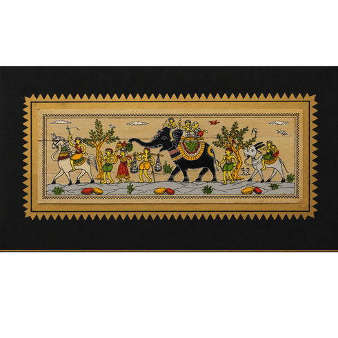 Palm Leaf Handmade Painting of Royal Elephant Ride with Villagers