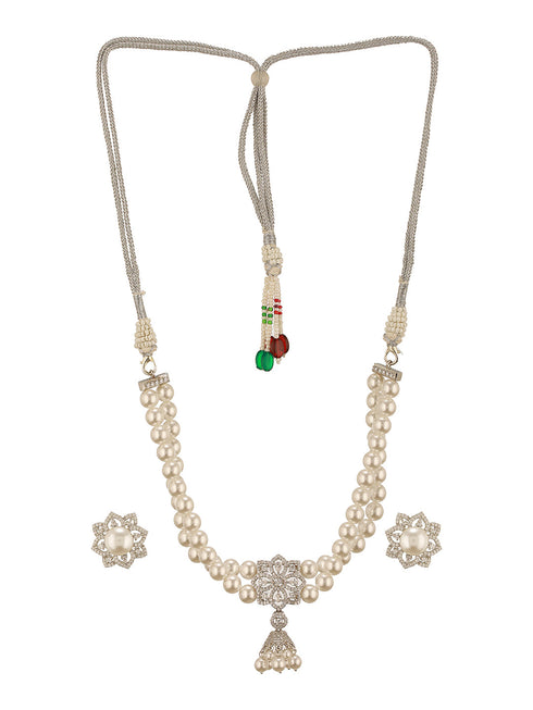 White Rhodium Cubic Zirconia 2 Layered Pearl Beaded Statement Necklace Jewellery Set