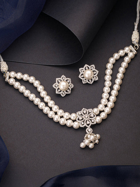 White Rhodium Cubic Zirconia 2 Layered Pearl Beaded Statement Necklace Jewellery Set
