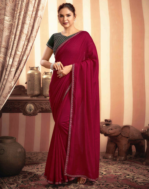 Sudathi Cherry Red Stone Work Embellished Silk Saree