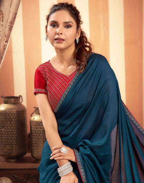 Sudathi Rama Blue Stone Work Embellished Silk Saree